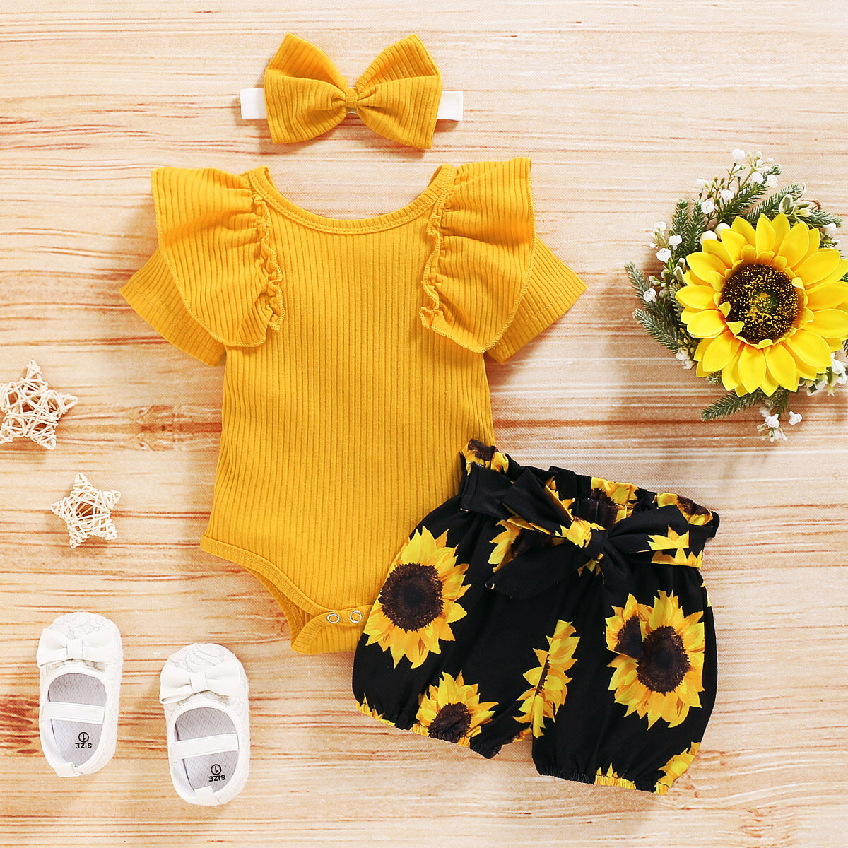 3PCS Newborn Baby Girl Clothes Floral Romper Jumpsuit +Shorts +Headband Outfit Set(No shoes)