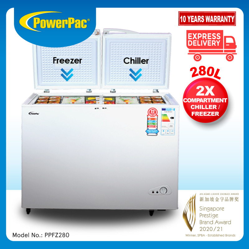 PowerPac 2 Door Chest Freezer CFC Free, Chiller & Freezer 280L  (PPFZ280)