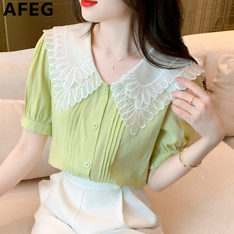 AFEG new Korean version doll collar fashion loose all-match temperament chiffon short-sleeved blouse for women