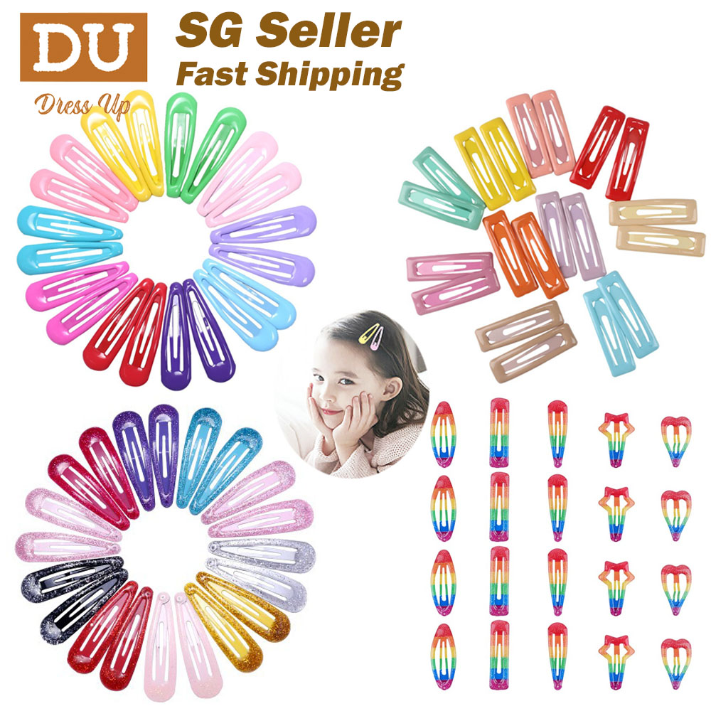 [SG | Safely Coated] 20pc 5cm Colorful Glossy Snap Prong Clips Non-Slip Hair Clips Barrettes for Kids Girls Ladies Women, in Drop & Rectangle Shape