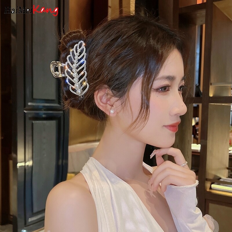 1pc Fashion Korean Style Alloy Hair Clip Senior Retro Style Flower Leaves Pearl Hairpin Catch Hair Accessories