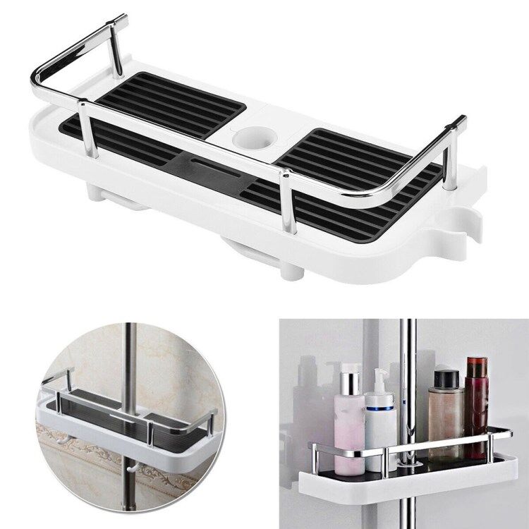 Dulcii Bathroom Pole Storage Shelf No Drilling Lifting Bar Shampoo Tray Shower Head Holder with Double Hooks Simple Bathroom Racks Shower Rack Bathroom Storage Basket