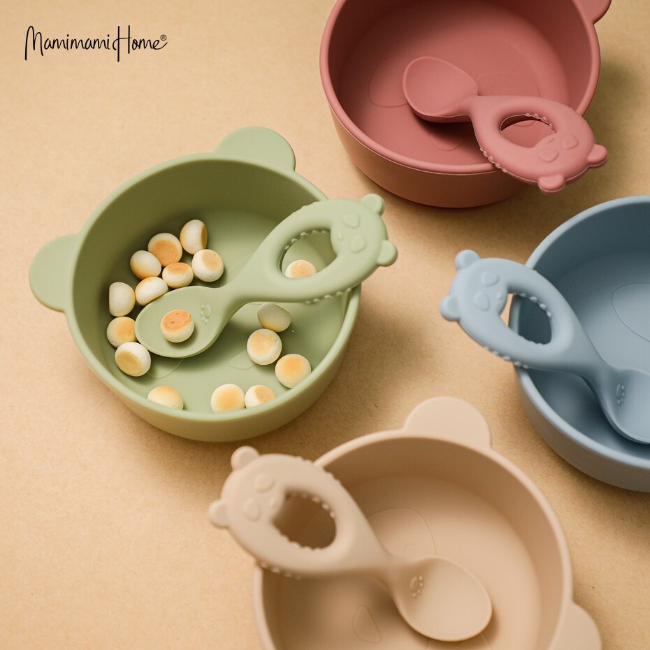 Mamimami Home Baby Bowl Set BPA Free Silicone Feeding Suctiom Bowl with Panda Spoon