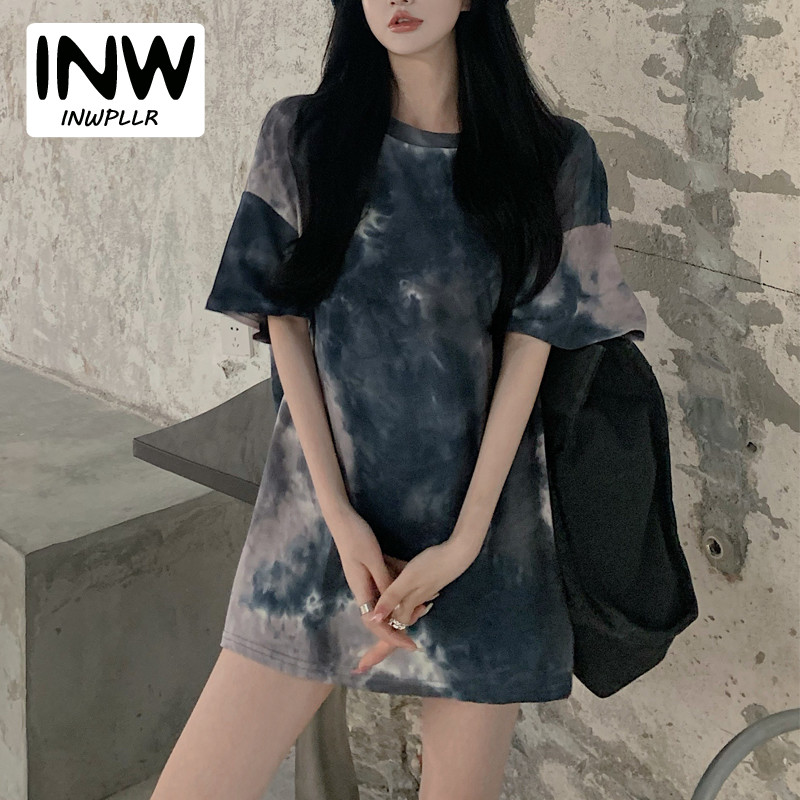 INWPLLR Backless Tie-dye Tshirts Women Ins Loose Short Sleeve T-shirt Summer New Style Mid-length Tops 4XL