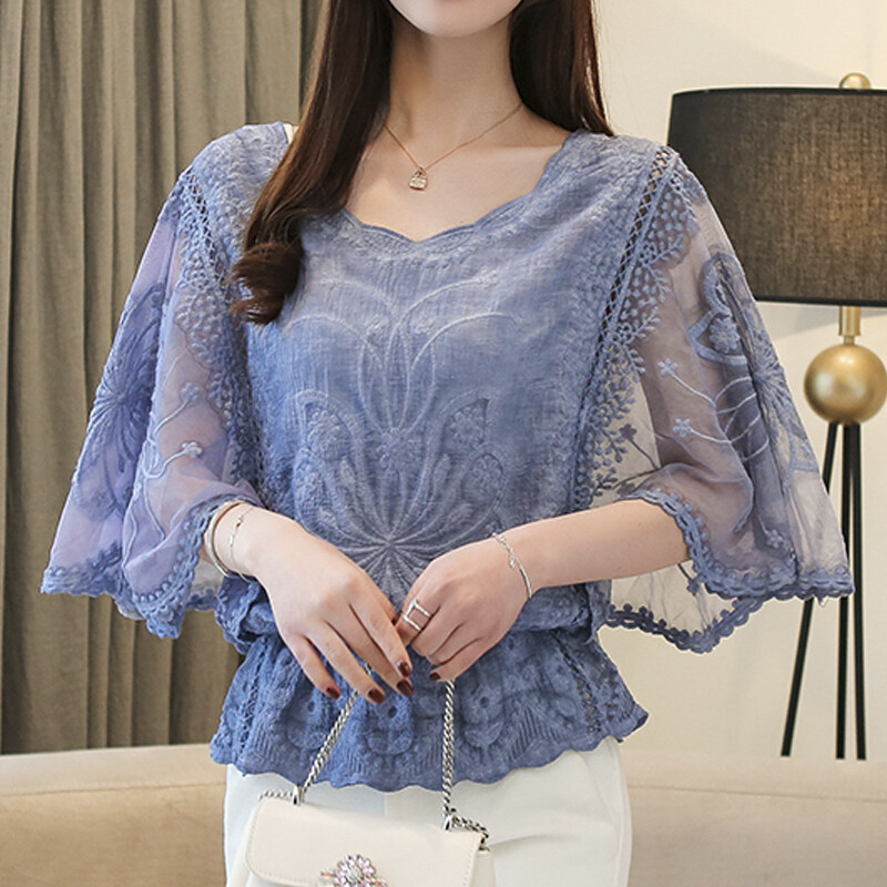 Vanessawang Womens Chiffon Blouse Lace Shirt Slim Casual Blouses Half Sleeve Women Midi Top