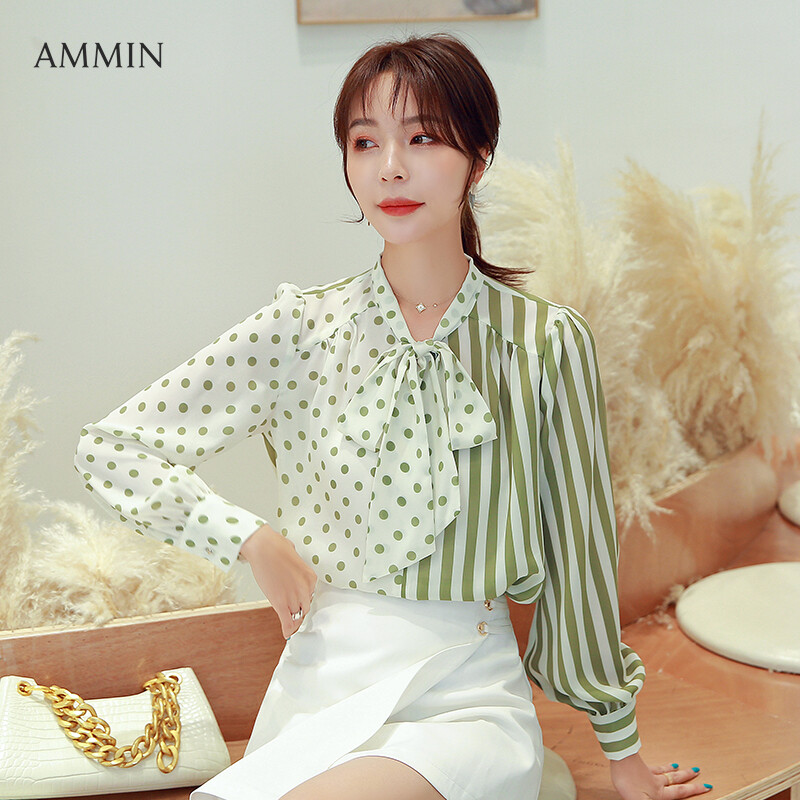 AMMIN Tops 2021 autumn new long-sleeved elegant temperament commuter chiffon shirt women&#39;s personality V-neck bow ribbon design polka dot and stripe print stitching puff sleeve blouse
