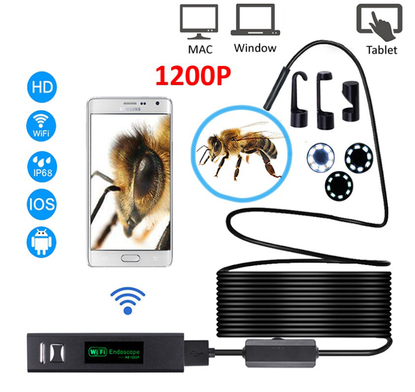 WIFI Endoscope Camera HD 1200P Mini Waterproof Hard Wire Wireless 8mm 8 LED Borescope Camera For Android PC IOS Endoscope